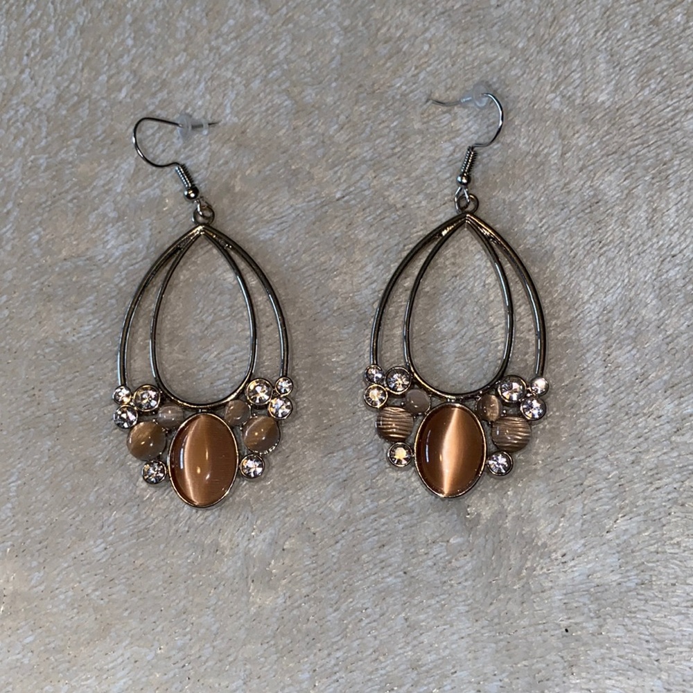 Silver & Peach Rhinestone Dangle Fashion Earrings
